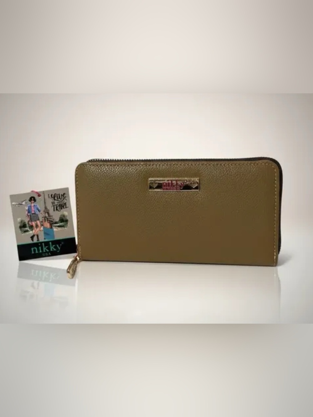 Nikky by Nichole Lee Olive Green Zip Around Wallet, like new!